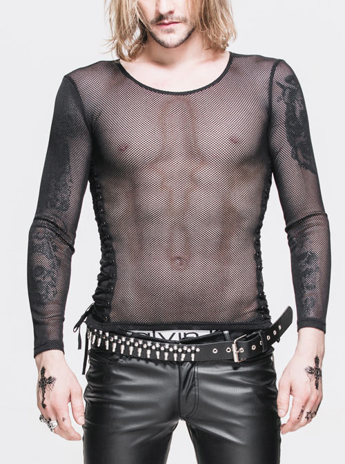 Diamond-Shaped Net Round Collar Long Sleeve Side Lace-Up Black Punk T-Shirt