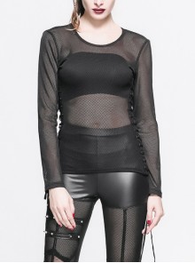 Diamond-Shaped Net Round Collar Long Sleeve Side Lace-Up Black Punk T-Shirt