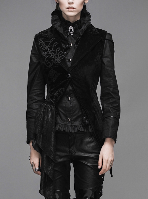 Spun Velvet Chinese Frog Button Floral Spiral Pattern Asymmetrical Hem Lace-Up Black Gothic Waistcoat