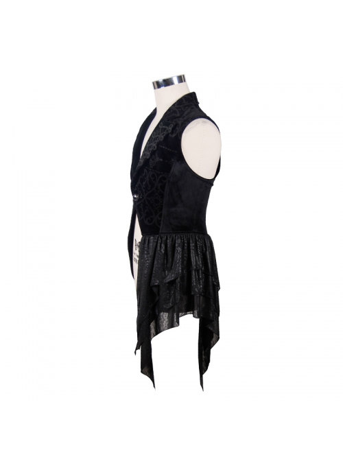 Spun Velvet Chinese Frog Button Floral Spiral Pattern Asymmetrical Hem Lace-Up Black Gothic Waistcoat