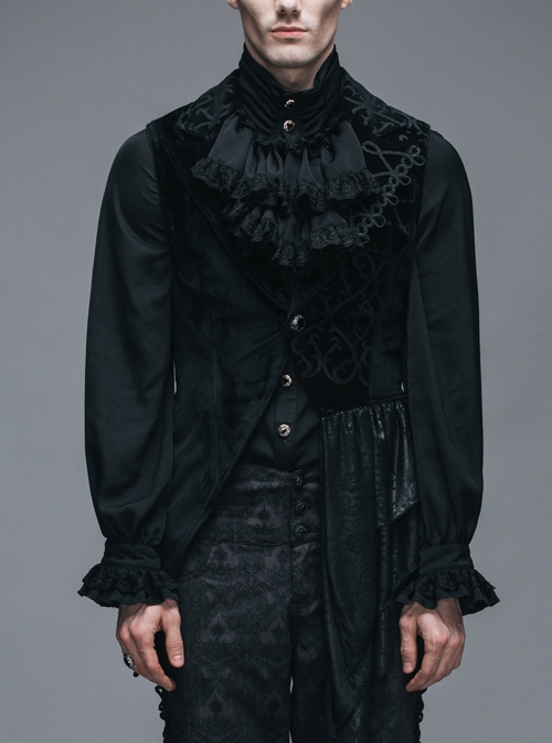 Spun Velvet Chinese Frog Button Floral Spiral Pattern Asymmetrical Hem Lace-Up Black Gothic Waistcoat