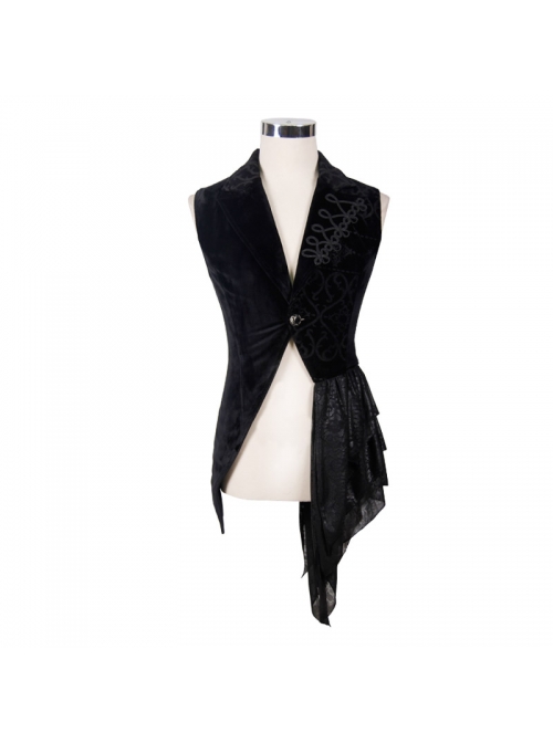 Spun Velvet Chinese Frog Button Floral Spiral Pattern Asymmetrical Hem Lace-Up Black Gothic Waistcoat