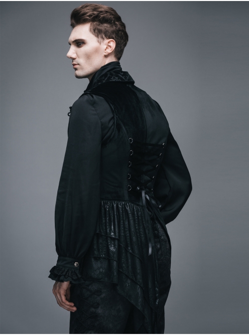 Spun Velvet Chinese Frog Button Floral Spiral Pattern Asymmetrical Hem Lace-Up Black Gothic Waistcoat