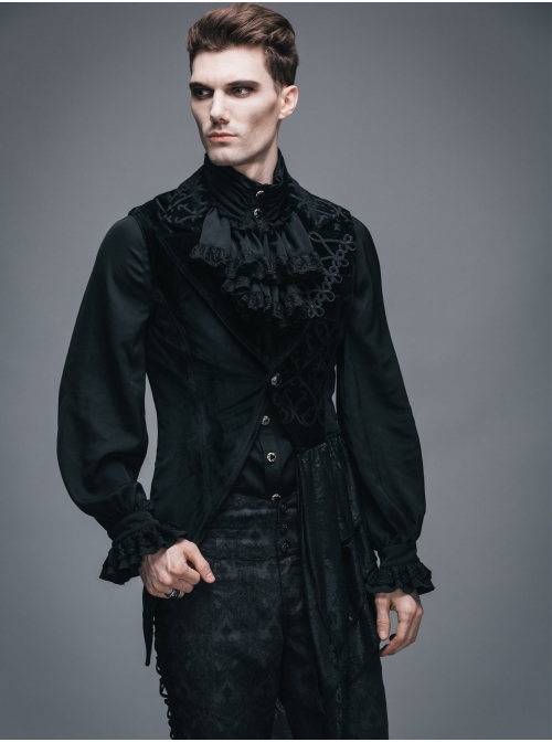 Spun Velvet Chinese Frog Button Floral Spiral Pattern Asymmetrical Hem Lace-Up Black Gothic Waistcoat