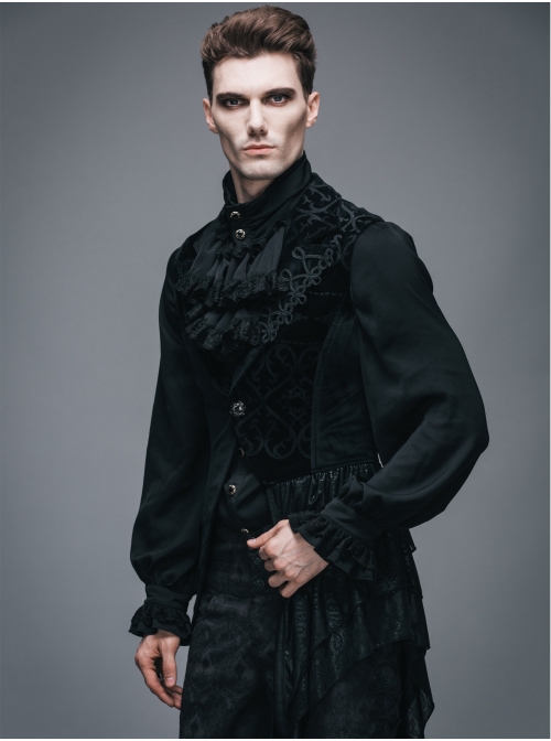 Spun Velvet Chinese Frog Button Floral Spiral Pattern Asymmetrical Hem Lace-Up Black Gothic Waistcoat
