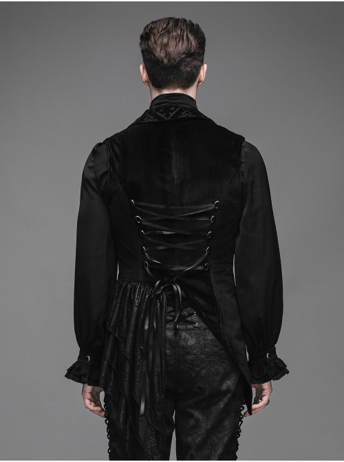 Spun Velvet Chinese Frog Button Floral Spiral Pattern Asymmetrical Hem Lace-Up Black Gothic Waistcoat