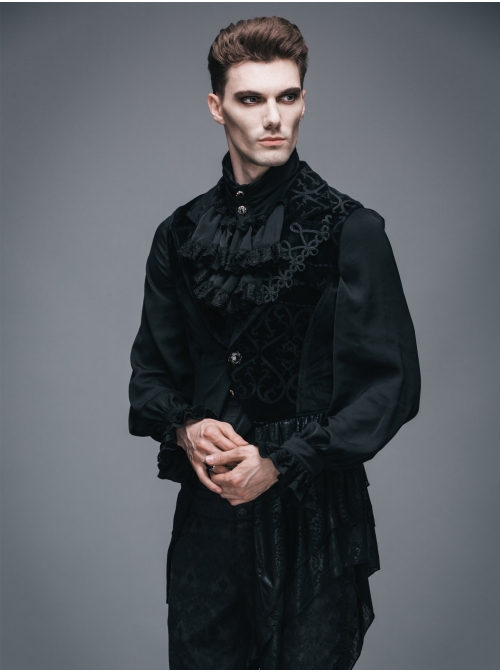 Spun Velvet Chinese Frog Button Floral Spiral Pattern Asymmetrical Hem Lace-Up Black Gothic Waistcoat