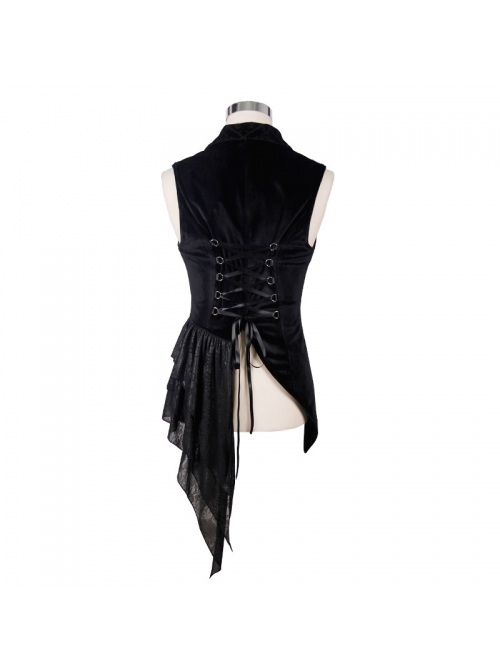 Spun Velvet Chinese Frog Button Floral Spiral Pattern Asymmetrical Hem Lace-Up Black Gothic Waistcoat