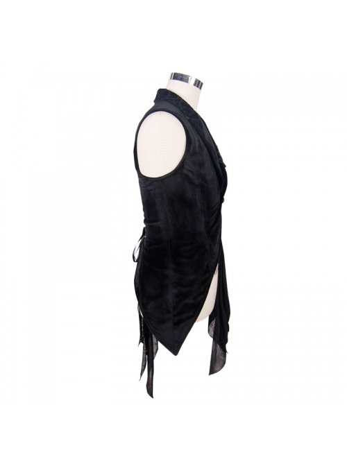 Spun Velvet Chinese Frog Button Floral Spiral Pattern Asymmetrical Hem Lace-Up Black Gothic Waistcoat