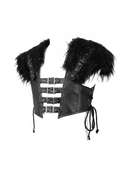 Fur Shawl Chest Loop Side Lace-Up Black Punk Leather Waistcoat