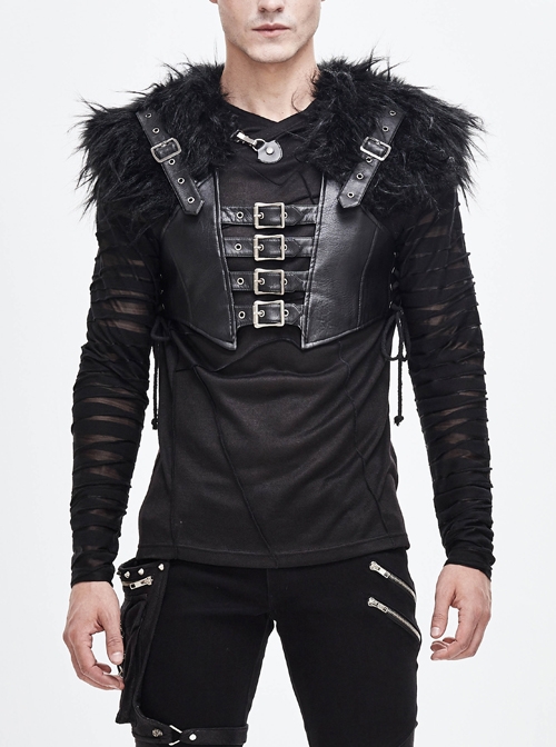 Fur Shawl Chest Loop Side Lace-Up Black Punk Leather Waistcoat