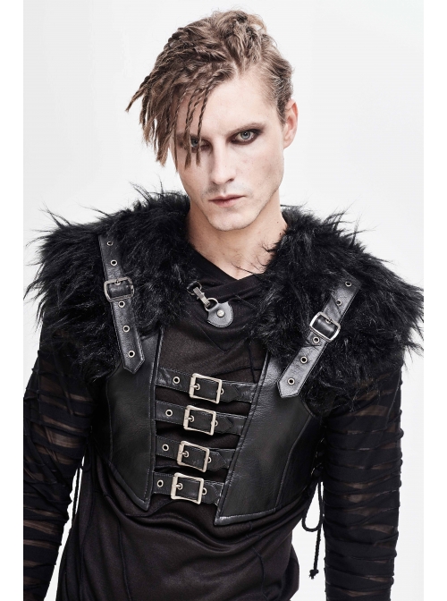 Fur Shawl Chest Loop Side Lace-Up Black Punk Leather Waistcoat