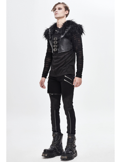 Fur Shawl Chest Loop Side Lace-Up Black Punk Leather Waistcoat