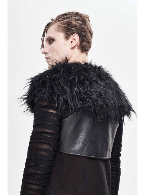 Fur Shawl Chest Loop Side Lace-Up Black Punk Leather Waistcoat
