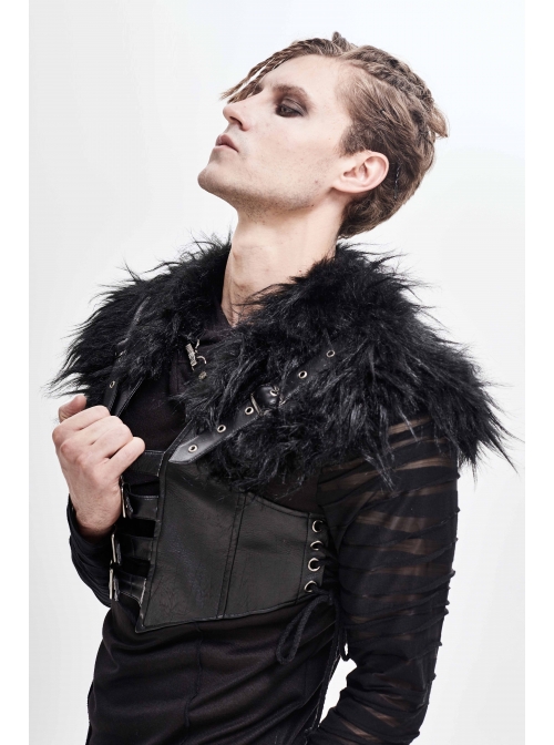 Fur Shawl Chest Loop Side Lace-Up Black Punk Leather Waistcoat