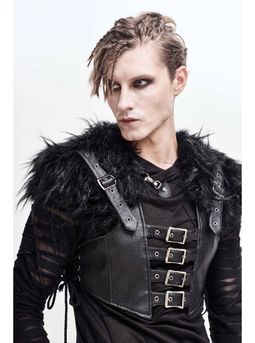 Fur Shawl Chest Loop Side Lace-Up Black Punk Leather Waistcoat