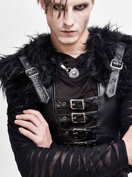 Fur Shawl Chest Loop Side Lace-Up Black Punk Leather Waistcoat