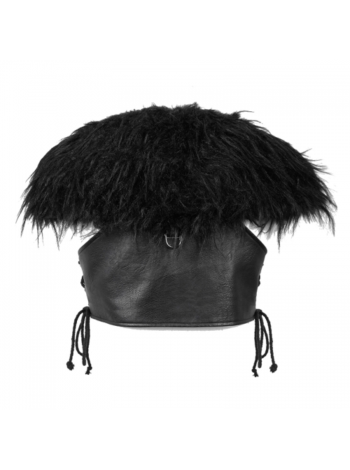 Fur Shawl Chest Loop Side Lace-Up Black Punk Leather Waistcoat