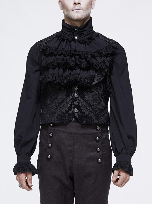 Black Jacquard Metal Mushroom Button Waist Loop Short Gothic Waistcoat
