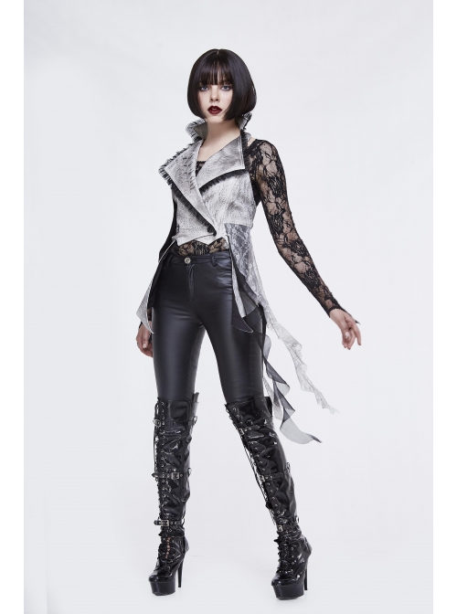 Off White Painted Back Lace-Up Asymmetrical Lace Hem Gothic Waistcoat