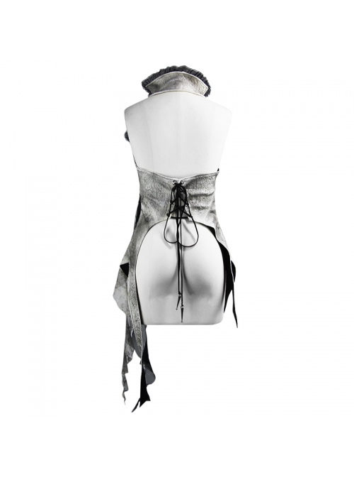 Off White Painted Back Lace-Up Asymmetrical Lace Hem Gothic Waistcoat