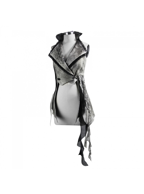 Off White Painted Back Lace-Up Asymmetrical Lace Hem Gothic Waistcoat