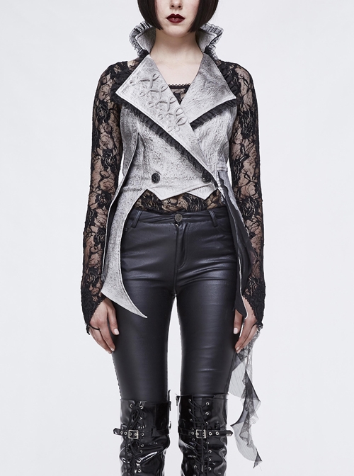 Off White Painted Back Lace-Up Asymmetrical Lace Hem Gothic Waistcoat