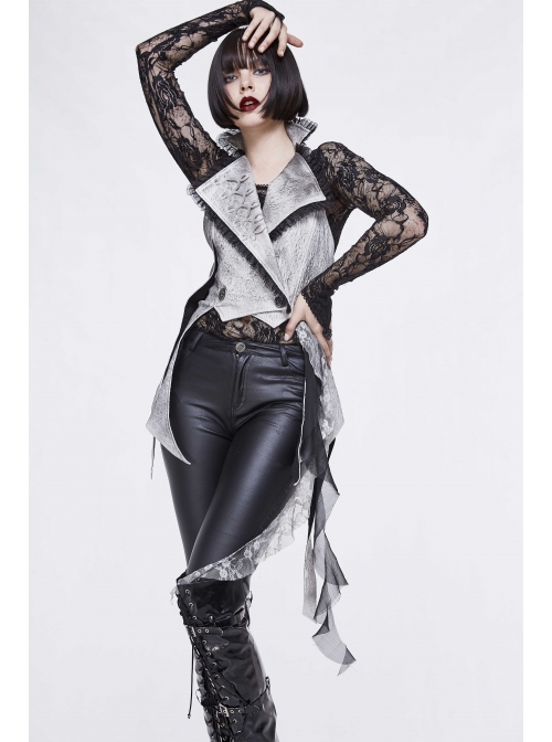 Off White Painted Back Lace-Up Asymmetrical Lace Hem Gothic Waistcoat