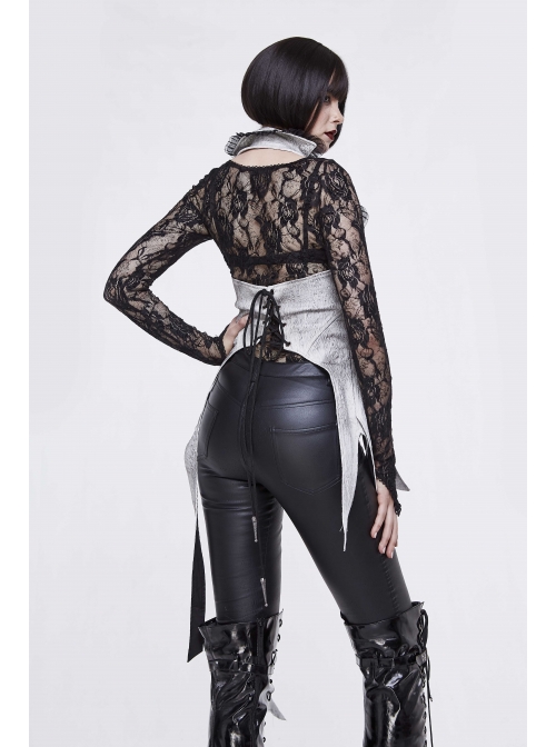 Off White Painted Back Lace-Up Asymmetrical Lace Hem Gothic Waistcoat