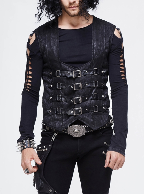 Black Jacquard Splice Heat Seal Backing Chest Loop Back Lace-Up Punk Waistcoat