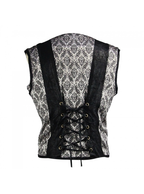 Silver Jacquard Splice Black Heat Seal Backing Chest Loop Back Lace-Up Punk Waistcoat