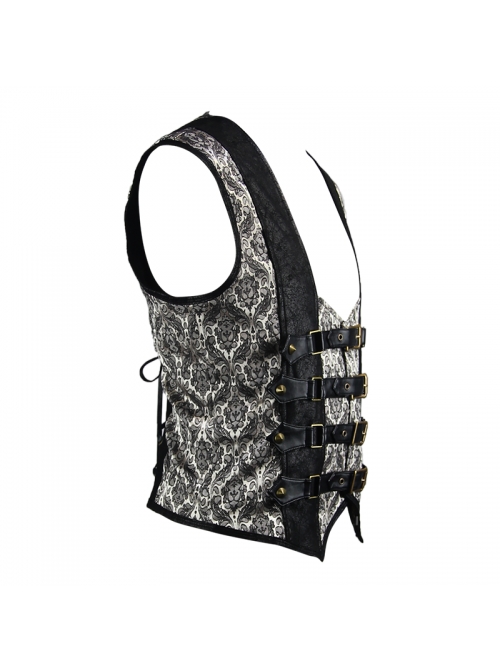 Silver Jacquard Splice Black Heat Seal Backing Chest Loop Back Lace-Up Punk Waistcoat