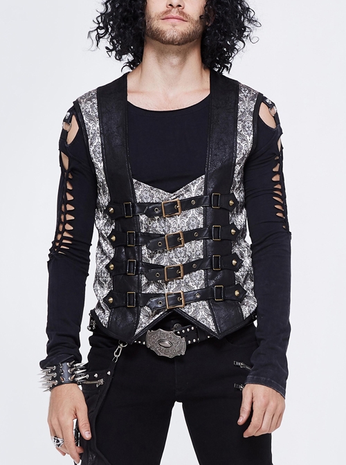 Silver Jacquard Splice Black Heat Seal Backing Chest Loop Back Lace-Up Punk Waistcoat