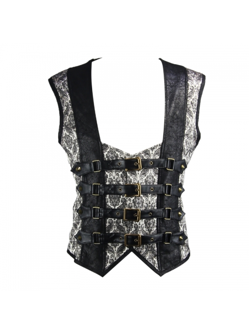 Silver Jacquard Splice Black Heat Seal Backing Chest Loop Back Lace-Up Punk Waistcoat