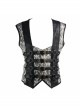 Silver Jacquard Splice Black Heat Seal Backing Chest Loop Back Lace-Up Punk Waistcoat