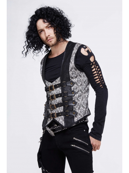 Silver Jacquard Splice Black Heat Seal Backing Chest Loop Back Lace-Up Punk Waistcoat