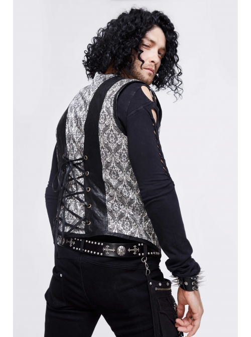 Silver Jacquard Splice Black Heat Seal Backing Chest Loop Back Lace-Up Punk Waistcoat