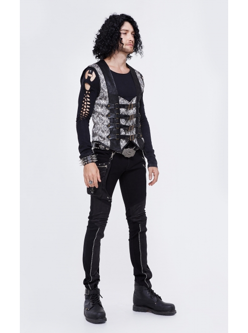 Silver Jacquard Splice Black Heat Seal Backing Chest Loop Back Lace-Up Punk Waistcoat
