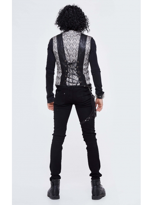 Silver Jacquard Splice Black Heat Seal Backing Chest Loop Back Lace-Up Punk Waistcoat