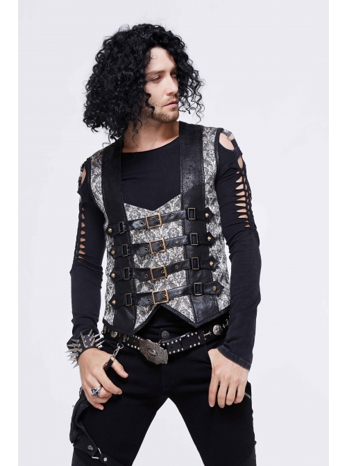 Silver Jacquard Splice Black Heat Seal Backing Chest Loop Back Lace-Up Punk Waistcoat