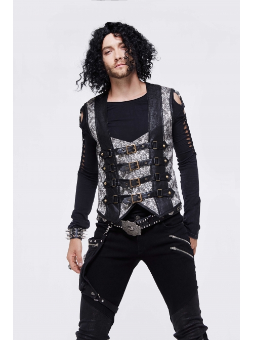 Silver Jacquard Splice Black Heat Seal Backing Chest Loop Back Lace-Up Punk Waistcoat
