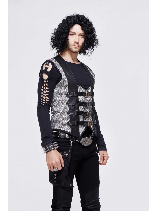 Silver Jacquard Splice Black Heat Seal Backing Chest Loop Back Lace-Up Punk Waistcoat