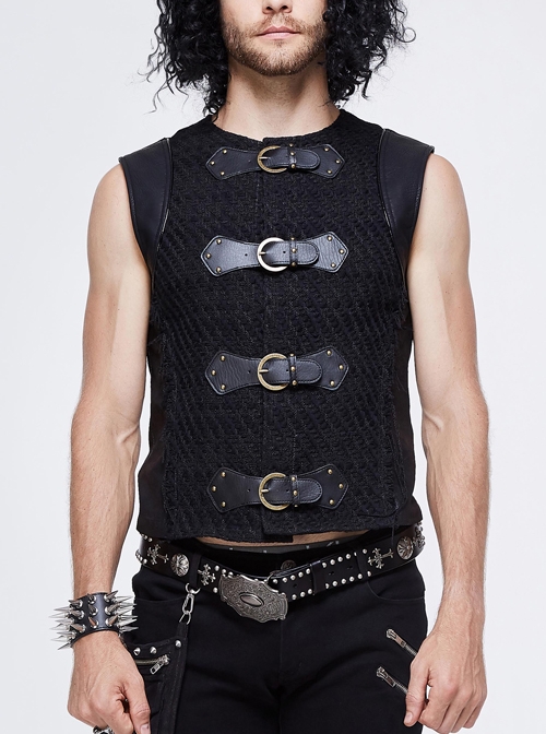 Coarse Texture Woolen Patchwork Heat Seal Backing Leather Loop Rough Selvage Black Punk Waistcoat