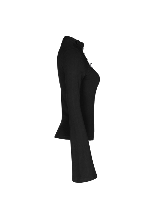 Black Buckle Collar Chest Lace-Up Microphone Sleeves Gothic Skinny T-Shirt