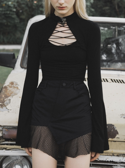 Black Buckle Collar Chest Lace-Up Microphone Sleeves Gothic Skinny T-Shirt