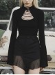 Black Buckle Collar Chest Lace-Up Microphone Sleeves Gothic Skinny T-Shirt