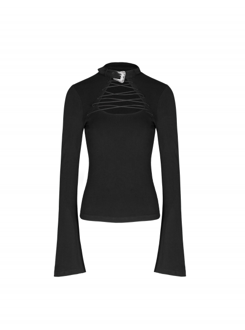 Black Buckle Collar Chest Lace-Up Microphone Sleeves Gothic Skinny T-Shirt