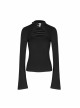 Black Buckle Collar Chest Lace-Up Microphone Sleeves Gothic Skinny T-Shirt