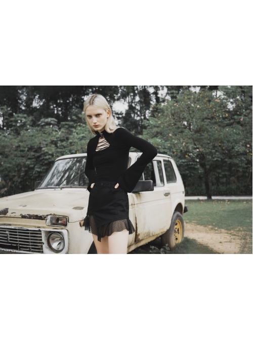 Black Buckle Collar Chest Lace-Up Microphone Sleeves Gothic Skinny T-Shirt