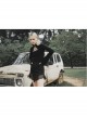 Black Buckle Collar Chest Lace-Up Microphone Sleeves Gothic Skinny T-Shirt